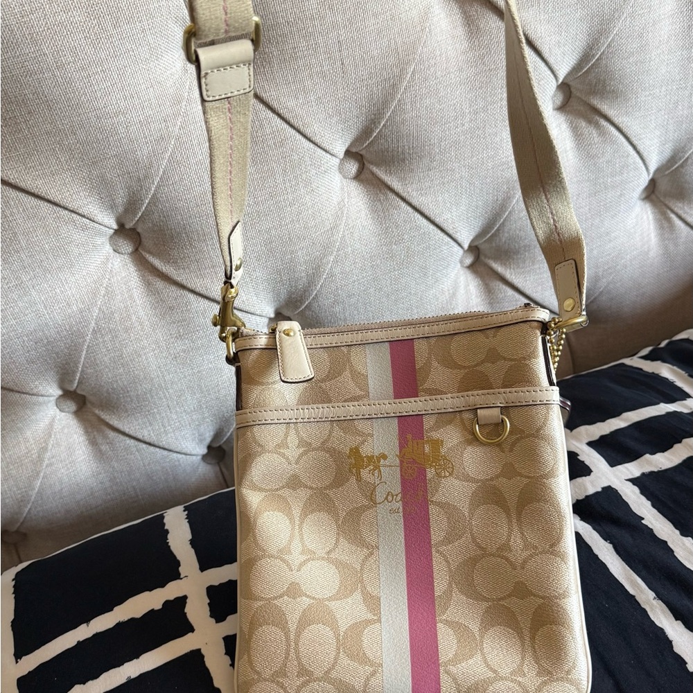 Coach Beige Signature Crossbody with Pink and Cream Stripe